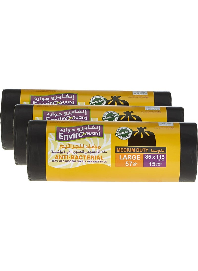 15-Piece Heavy Duty Garbage Bags Large Size 57-Gallons Black Roll 85x115cm (Pack of 3)
